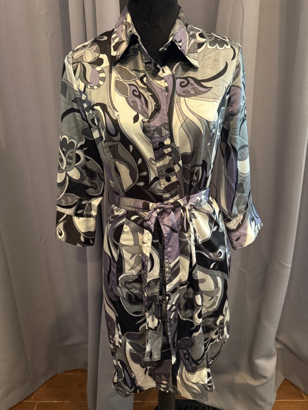 Pucci Design. Apt. 9 Abstract Satin Shirt Dress in Black, Gray & Lavender